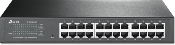 TP-Link - Switch gigabit de 24 puertos, gestión Easy Smart, plug and play, metal con puertos blindados, compatible con QoS, Vlan, IGMP y agregación de enlaces, TL-SG1024DE, negro
